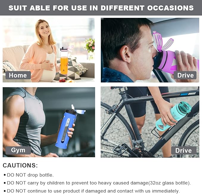 Glass Water Bottles with Straw and Flip Lid, Motivational Water Bottles with Time Marker Reminder and Silicone Sleeve, Leakproof, BPA Free (32 oz, Grey)