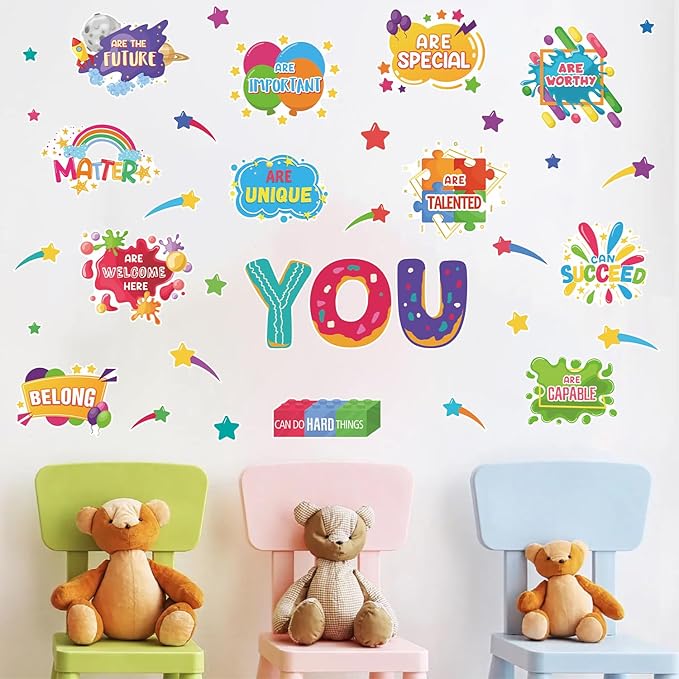 LHIUEM Kids Inspirational Wall Decals 38PCS Funny Daycare Wall Stickers for Toddler Splatter Stars Peel and Stick Testing Motivation Gifts for Students Splotches Wall Decor for Classroom Playroom Bathroom