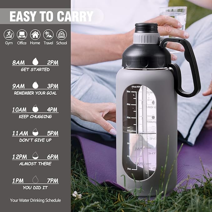 MUKOKO 64oz Glass Water Bottles with Straw, Half Gallon Water Bottle with Time Marker, Motivational Water Bottle with Silicone Sleeves,Large Glass Water Bottle for Gym,Working,Outdoor,Grey