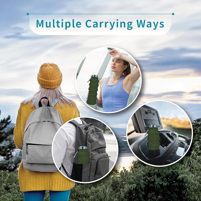 Collapsible Water Bottles 17oz, Odorless BPA-Free Silicone, Leak-Proof Foldable Reusable Bottle - Perfect for Travel Sports Gym Hiking Camping Cycling - Brown