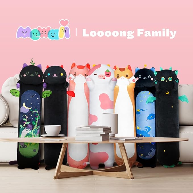 Long Cow Plush Kawaii Kids Plush Toy Pillows, Cute Cow Stuffed Animals Soft Plushies, Kitten Big Plush Toys Throw Body Pillow Doll Gift for Girls Boys (Strawberry Cow 44 Inch
