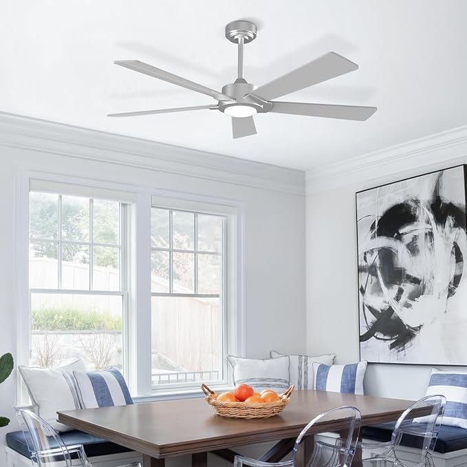 GESUM 52 Inch Smart Ceiling Fan with Light, Nickel Ceiling Fan with 5 Reversible Blades, Dimmable, 6 speed, 3CCT, Outdoor Ceiling Fan with Remote/App Control for Patio Kitchen Bedroom (Nickel)