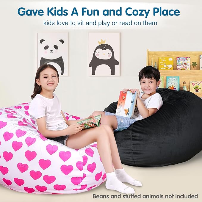 Lukeight Stuffed Animal Storage Bean Bag Chair Cover for Kids, Zipper Beanbag Chair Cover for Organizing Toddler and Kids' Rooms Plush Toys (Black, X-Large)