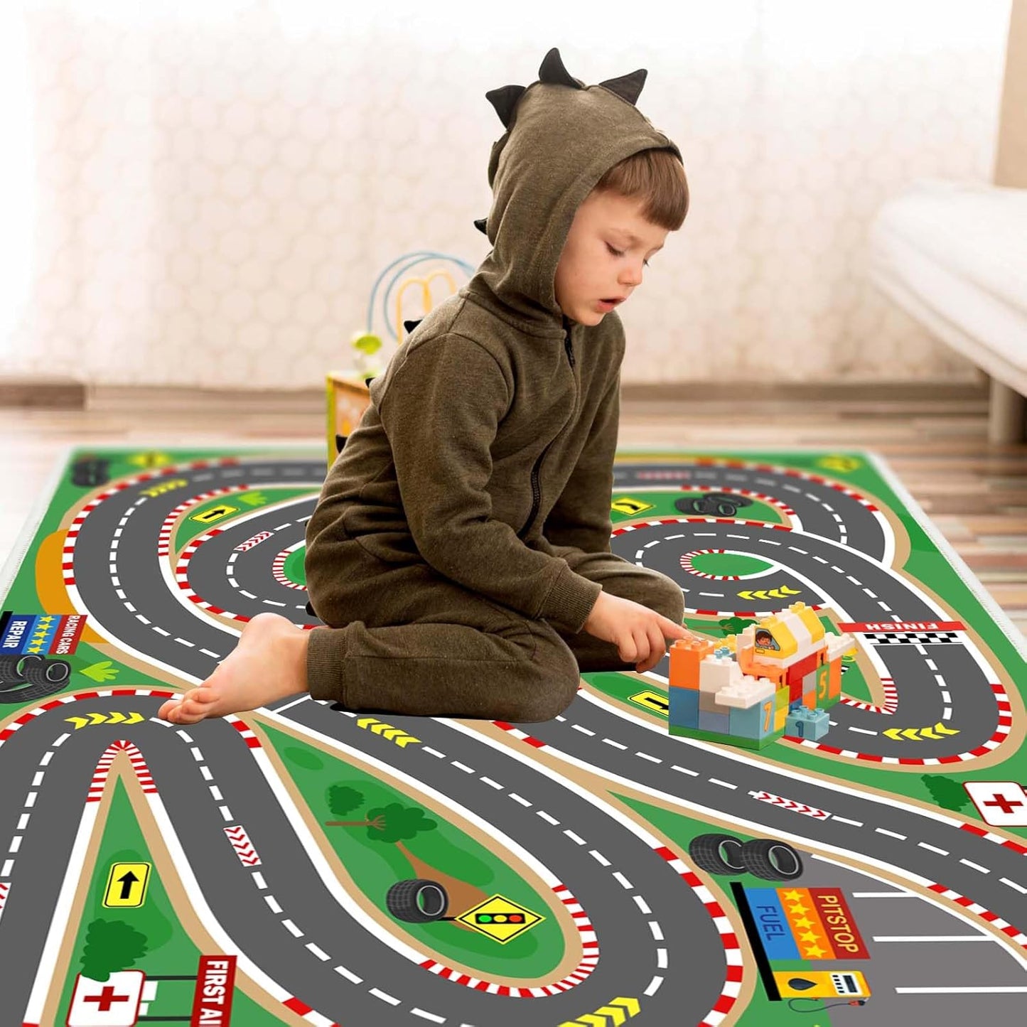 Kids Rug Play mat Playroom Rugs Car Rugs for Kids Toy Cars Race Track for Classroom Rug (Race-Green, 3.3x4.9ft)