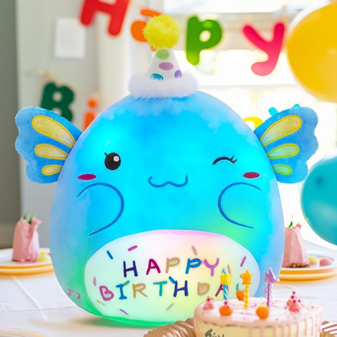 Light up Musical Happy Birthday Axolotl Plush Pillow,LED Stuffed Animals,Blue Axolotl Glowing Plush Toy,Light-up Singing Plush Birthday Gift for Toddler Boys Girls,14''