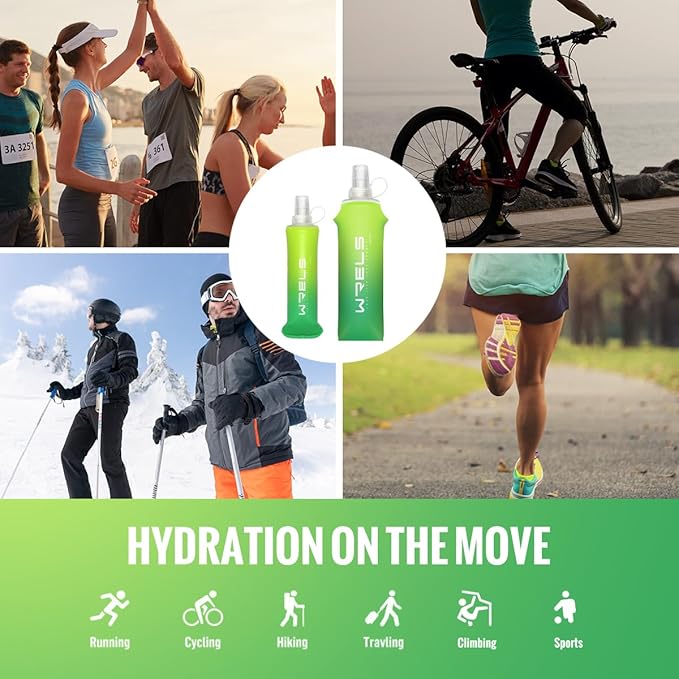 Collapsible TPU Soft Flask,Reusable Handheld Soft Water Bottle for Hydration Pack,BPA Free Gradient Folding Water Flask for Running Cycling Climbing (Mix Green-500ml *2)