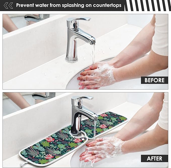 Kitchen Faucet Absorbent Mat,Succulent Plants Cactus Water Splash Guard for Sink, Faucet Drip Catcher Thicken Sponge Microfiber Faucet Water Catcher Mat Sink Absorbent Mat for Kitchen 23x5in 2Pack