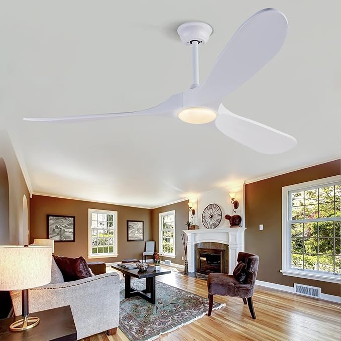 BOJUE Ceiling Fans with Lights 60 Inch Indoor Outdoor Ceiling Fan with Remote Control & 3 Wood Blade,Wood Ceiling Fan for Patio Living Room Bedroom (White Blades)