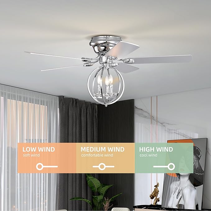 NicBex Ceiling Fan 52 Inch Ceiling Fan with Lights Ceiling Fans with 5 Blades and Remote Control Ceiling Fan with Round Lamp Shade for Bedroom, Living Room, Silver