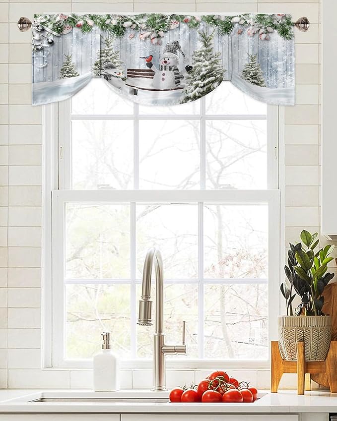 Merry Christmas Blackout Tie Up Valance Curtains for Kitchen Windows Xmas Snowman Snowy Pine Tree Window Toppers Balloon Shades for Living Room/Bathroom/Bedroom,1 Panel, 42" X 12", Blue Winter