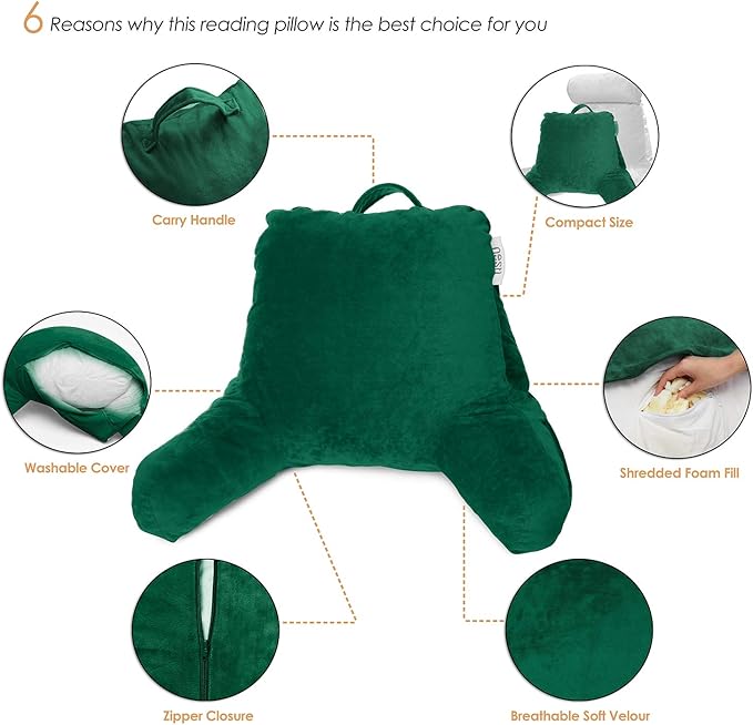 Nestl Reading Pillow Standard Bed Pillow, Back Pillow for Sitting in Bed Shredded Memory Foam Chair Pillow, Reading & Bed Rest Pillows Dark Green Back Pillow for Bed, Bed Chair Arm Pillow with Pockets