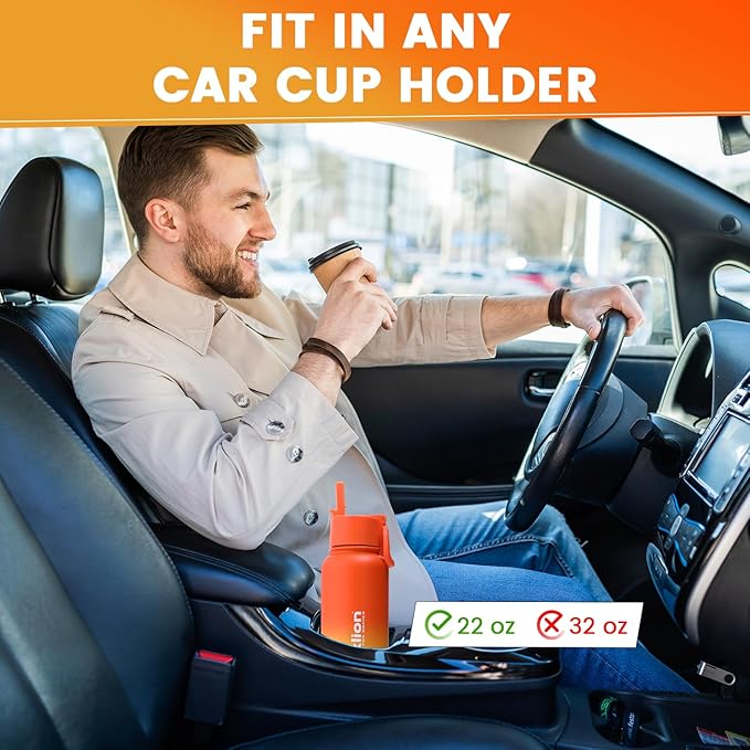 Water Bottle 22oz, Triple Walled Insulated Stainless Steel Reusable Bottle, Silicone Sleeve, Cleaning Brush, 2 Lids (Spout lid & Straw lid w/2 straw), Metal Mug Gallon, BPA Free, Sunset