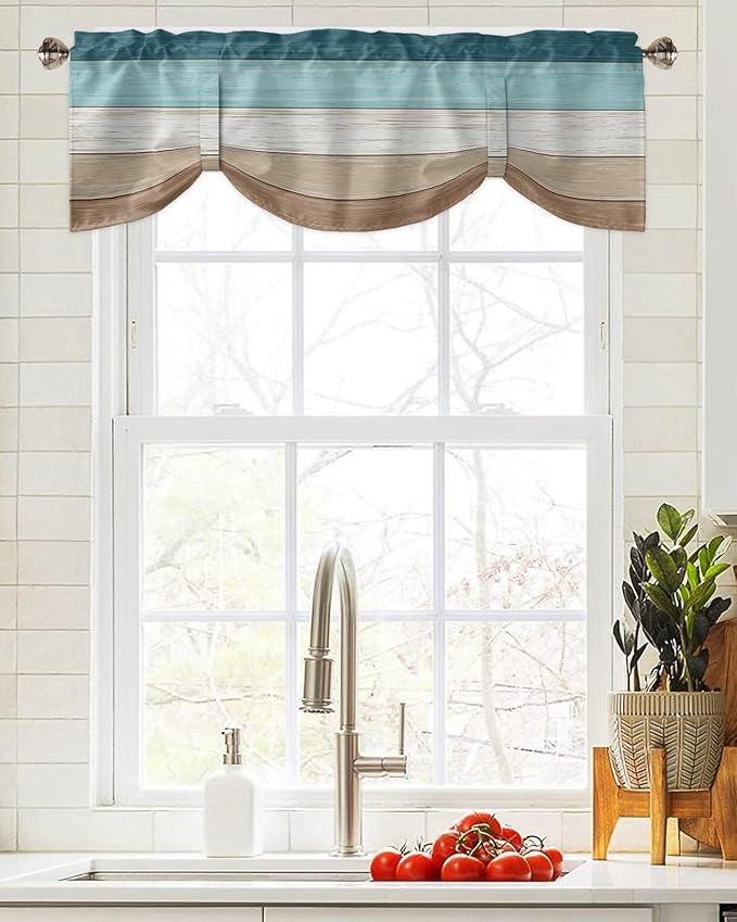 Farmhouse Blackout Tie Up Valance Curtains for Kitchen Windows,Teal Blue Brown Beach Window Toppers Balloon Shades for Living Room/Bathroom/Bedroom,1 Panel,42" X 12" Retro Rustic Barn Wood Texture