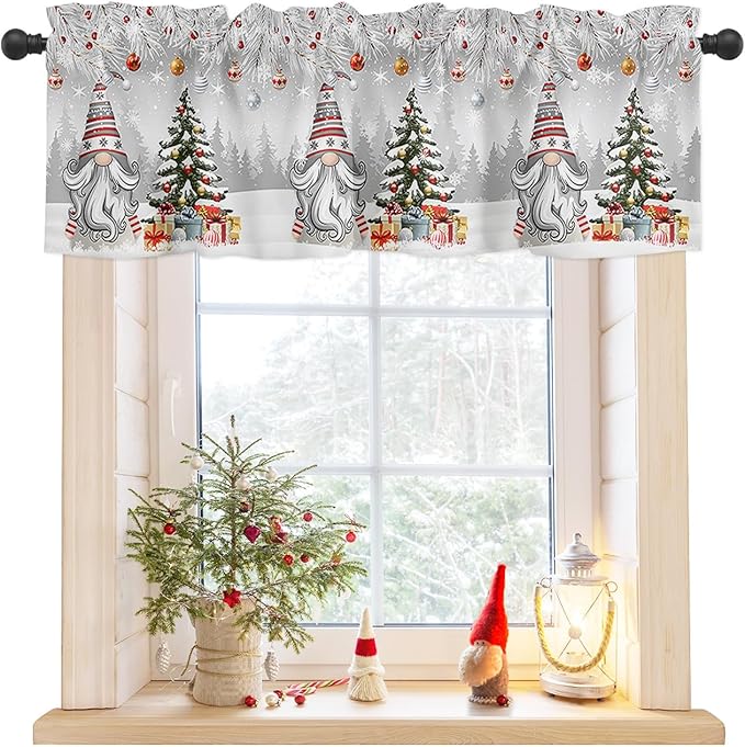 Christmas Gnome Valance Curtains for Kitchen Windows Winter Merry Christmas Tree Balls Rod Pocket Window Treatment Toppers for Kitchen/Living Room/Bedroom/Bathroom, 54" X 18", Grey