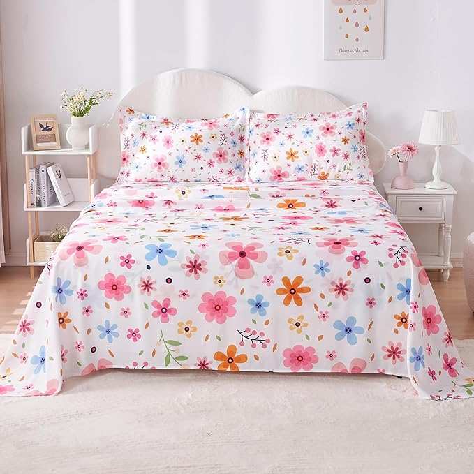 Full Size Bed Sheets Set White Colorful Floral Bed Sheets Girls Cute Microfiber Cooling Sheets 4pcs Kids Full Bed Set Wrinkle Free, 15 inch Deep Pocket Fitted Sheet, Flat Sheet, Pillowcases