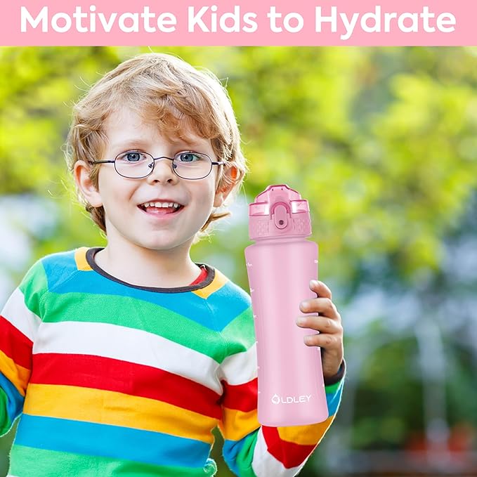 OLDLEY Kids Water Bottle with Straw 15 oz BPA-Free Leak-Proof Motivational Water Bottles with Time Marker for School Sports Travel Gym, Easy to Use for Girls Goys, 1 Straw Lid, Candy Pink