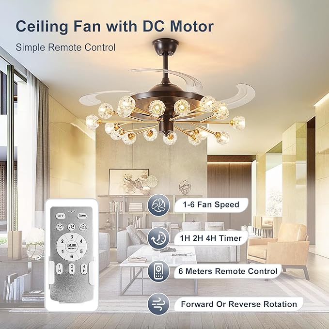 Sputnik Ceiling Fan with Light: Chandelier with Fan for Living Room - Black Fandelier with 18 Lights and Crystal for Dining Room Bedroom - 42" Retractable Ceiling Fan with Lights