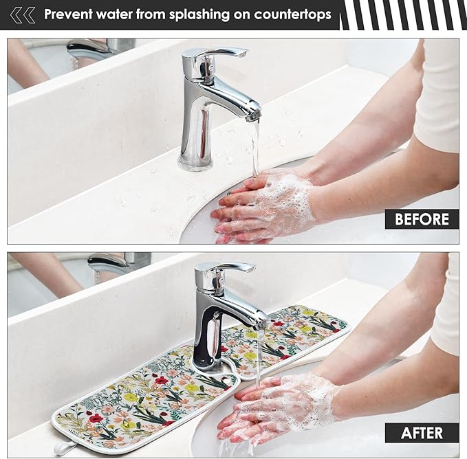 Kitchen Faucet Absorbent Mat,Summer Blooming Flower Water Splash Guard for Sink, Faucet Drip Catcher Thicken Sponge Microfiber Faucet Water Catcher Mat Sink Absorbent Mat for Kitchen 30x5in 2 Pack