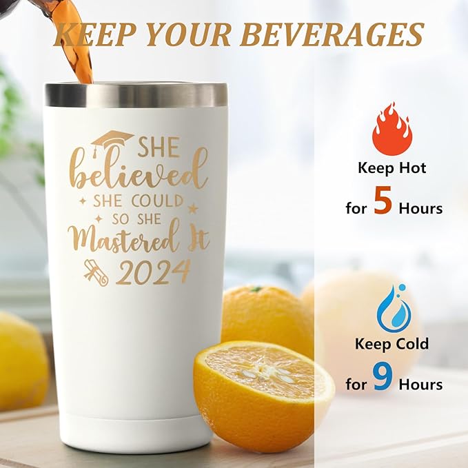 Lifecapido Graduation Gifts, Masters Degree Graduation Gifts, College Graduation Gifts for Her, Graduation 20oz Insulated Tumbler, Inspirational Gifts with Key Chain for Women Sister Friends, White