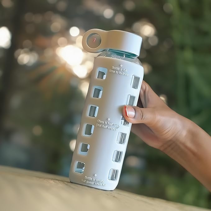 purifyou Premium 40/32 / 22/12 oz Glass Water Bottles with Volume & Times to Drink, Silicone Sleeve & Stainless Steel Lid Insert, Reusable Bottle for Fridge Water, Milk, Juice (12oz Ice Blue)