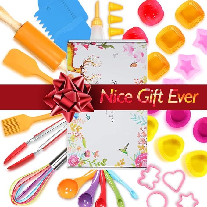 Kids Cooking and Baking Set 40 Pcs with Gift Box, Real Kitchen Utensils Kit for Children Toddlers Teens, Gift for Girls&Boys, Nonstick Rolling Pin Silicone Pastry Mat Cupcake Molds