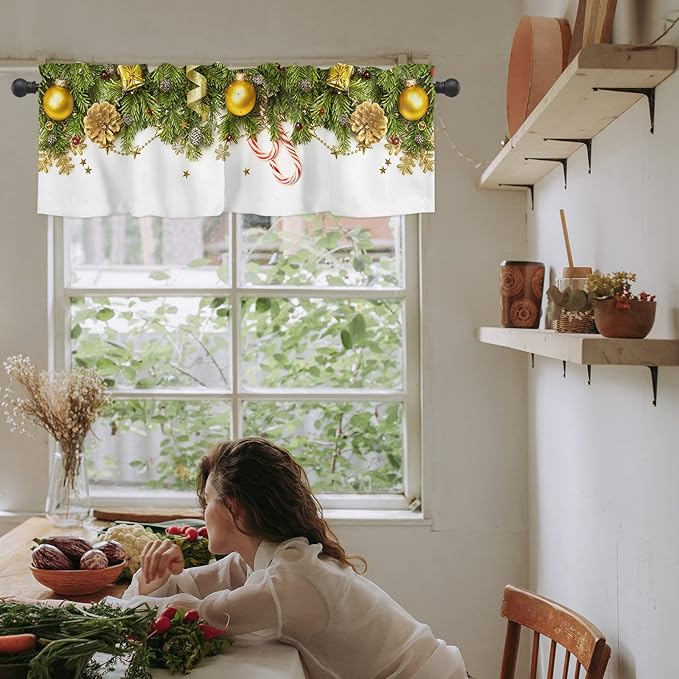 Christmas Kitchen Curtains Valances for Windows Pine Cones Rod Pocket Window Treatment for Kitchen/Living Room/Bedroom/Bathroom,42" X 12" -1 Panel, Golden Ornament Balls