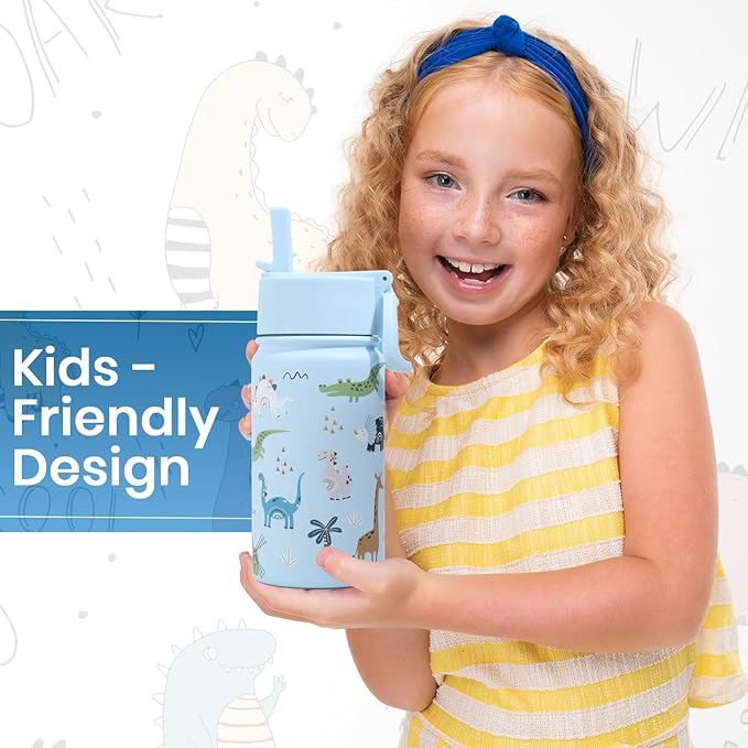 Water Bottle 14 Oz, Triple Walled Insulated Stainless Steel Odor & Strain Resistant Reusable Bottle, 1 straw Lid, Leakproof, Metal Mug Gallon, BPA Free, Blue Zoo