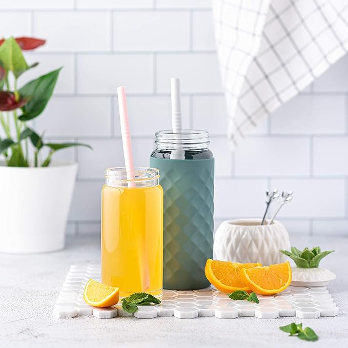 Juice Bottles - 4 Pack Wide Mouth Glass Bottles with Lids - for Juicing, Smoothies, Infused Water, Beverage Storage - 10oz, BPA Free, Stainless Steel Lids, Leakproof, Reusable, Borosilicate