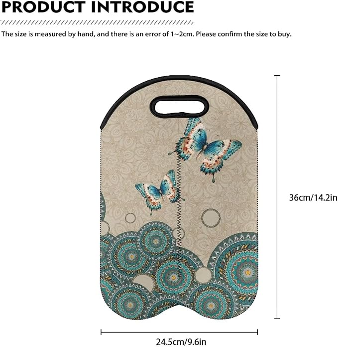 doginthehole 2 Bottle Wine Bag Boho Butterfly Wine Bottle Protector Carrier Tote Bag Portable Neoprene Hand Bag Champagne Bottle Holder for Travel with Handle