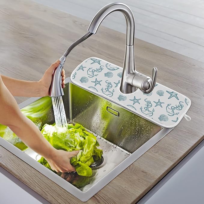 Coastal Starfish Shell Faucet Water Catcher Mat 2 Pack Seashell Ocean Nautical Theme Drying Mat Absorbent Bathroom Faucet Handle Drip Catcher Tray Bar RV Kitchen Sink Splash Guard 14x5 Inches