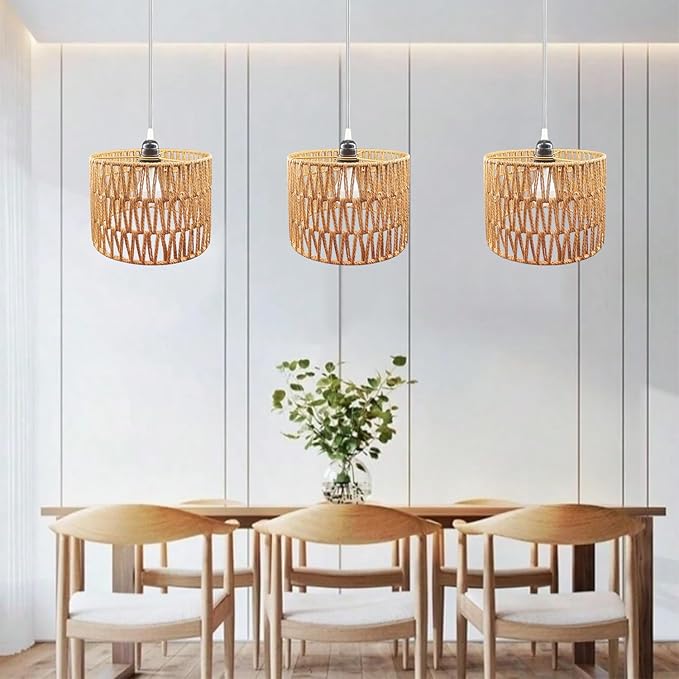 Hanging Lamp Plug in Rattan Hanging Lights with Plug in Cord, Woven Pendant Light with Smart RGB Bulb and Remote Control for Bedroom Living Room Farmhouse Kitchen (Rattan, Barrel Shade)