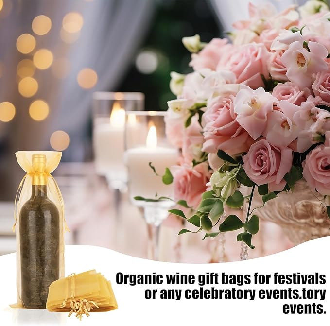 CAIRIAC Sheer Organza Wine Bags, Transparent Mesh Bottle Drawstring Mesh Bags, 5.5 x 14.5 Inch Red Wine Bouquet Gift Bags, Transparent Gauze Red Wine Set, Single Bottle Packaging Dress (30Pcs, Gold)