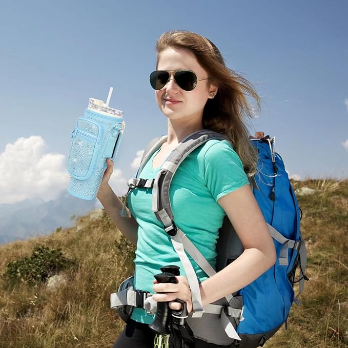 Bling Water Bottle Carrier Bag with Phone Pocket,Water Bottle Holder Bag for Stanley Cup Accessories,Cup Holder with Adjustable Shoulder Strap with Stanley 40 & 30 oz Tumbler,Blue