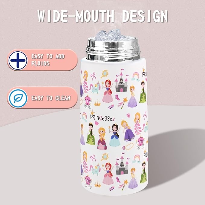 Kids Insulated Water Bottle with Covered Pop-Up Straw,16oz Kids Cups with Stainless Steel Leak Proof for School Boys Girls(2-Princess)