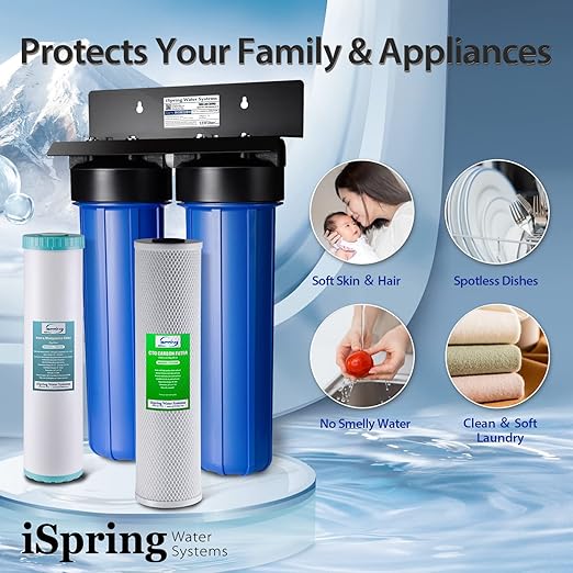 iSpring WGB22BM+AHPF12MNPT16X2 2-Stage Whole House Water Filtration System with 20” x 4.5” Carbon Block and Iron & Manganese Reducing Filters and 3/4" Push-fit Stainless Steel Hose Connectors, Blue