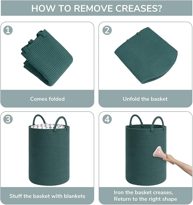 INDRESSME Large Laundry Basket Hamper for Clothes, Woven Rope Storage Basket Baby Hamper for Nursery, Blanket Basket Living Room, Tall Basket Toys Storage Toys Bin, 19.7 x 13.8 inches, Green