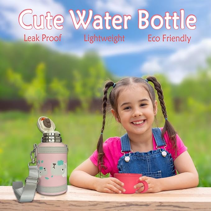 Kawaii Insulated Water Bottle, 15 oz Reusable Travel Bottle with Sleeve and Straw,Cute Water Bottle for Travel Sports Camping and Kids Girl Gifts (PINK)