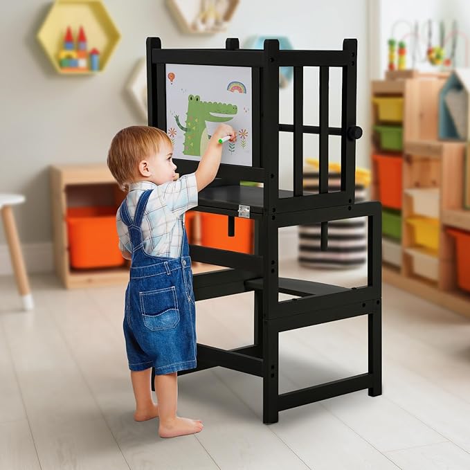 COSYLAND 3-in-1 Multifunctional Toddler Standing Tower, Kids Kitchen Step Stool with Whiteboard, Desk Table and Chair, Enjoys Unique Patented Design,FSC,CPC,SOR,CE, Black