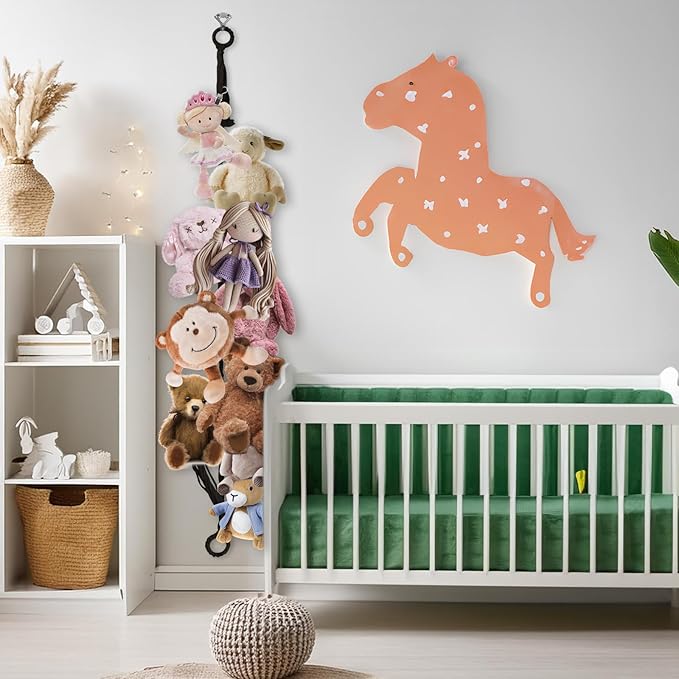 Stuffed Animal Storage Chain 80 Inch, Munzong 4pcs Black Hanging Stuff Animals organizer, Cotton Toy Display Chain with 80 Clips, Toys Organizers Holder for Toddler Kids Nursery Room Wall Corner Decor