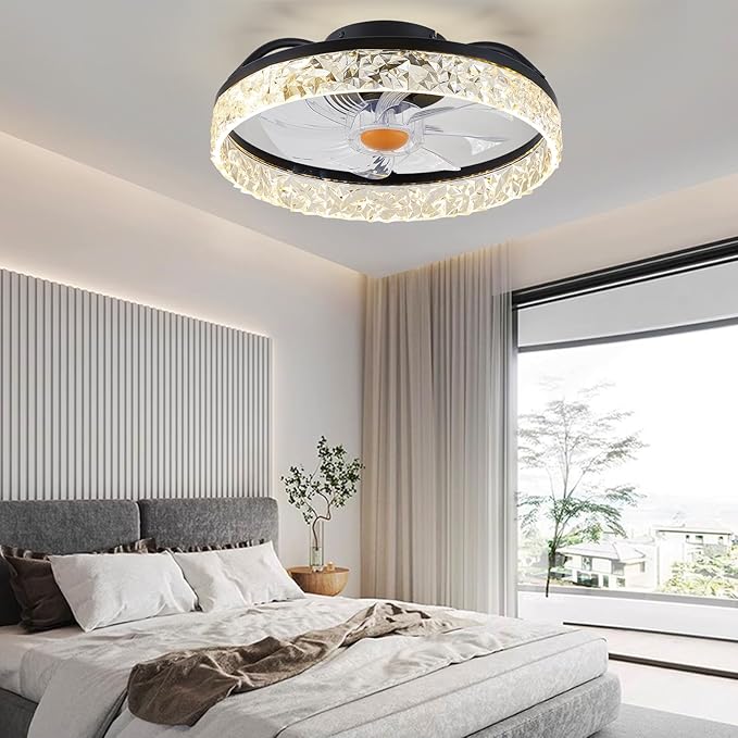 Ceiling Fans with Lights Low Profile - 15.7" Flush Mount Modern Ceiling Fans with Remote Control, Bladeless Enclosed Ceiling Fans for Indoor Bedroom, Living Room and Kitchen