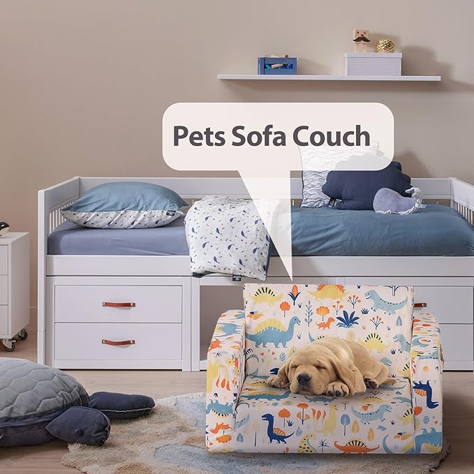 Tiita Toddler Chairs Sofa, 2-in-1 Kids Sofa Couch, Convertible Children Couch to Lounger, Flip Out Kids Sofa Chair, Toddler Armrest Chair Bed for Girl or Boy, White Dinosaur