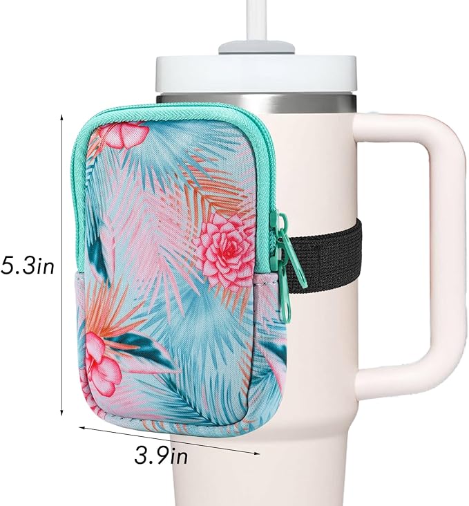 Water Bottle Pouch Cup Accessories for Women Quencher Adventure IceFlow 20oz 30oz 40oz Tumbler Pouch with Handle Running Pouch Bag for Cards Keys(Green Flower)