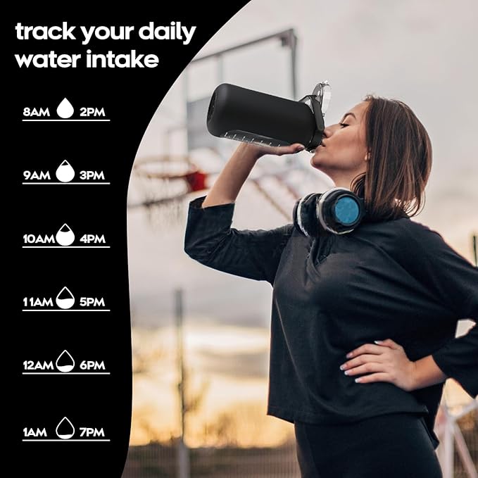 74 oz Glass Water Bolttles with Straw Large Motivational Water Bottle with Time Marker Sports Water Bottles with Silicone Sleeve and Handle Lid 2.2L Water Jug for Gym Workout