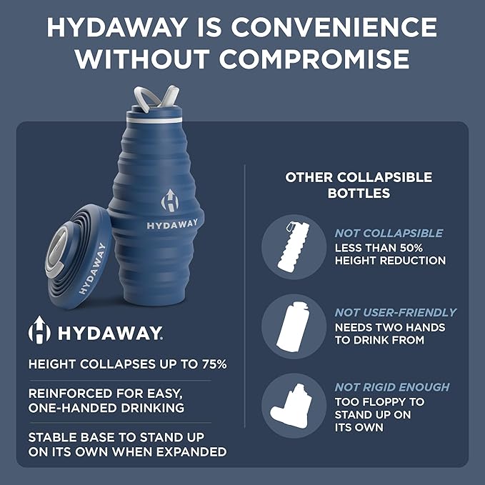 HYDAWAY Collapsible Water Bottle - 25oz I Reusable Water Bottle with Flip Top Lid for Travel, Hiking, Backpacking I Portable & Leakproof, Food-Grade Silicone, BPA Free, Collapses to 1.5”