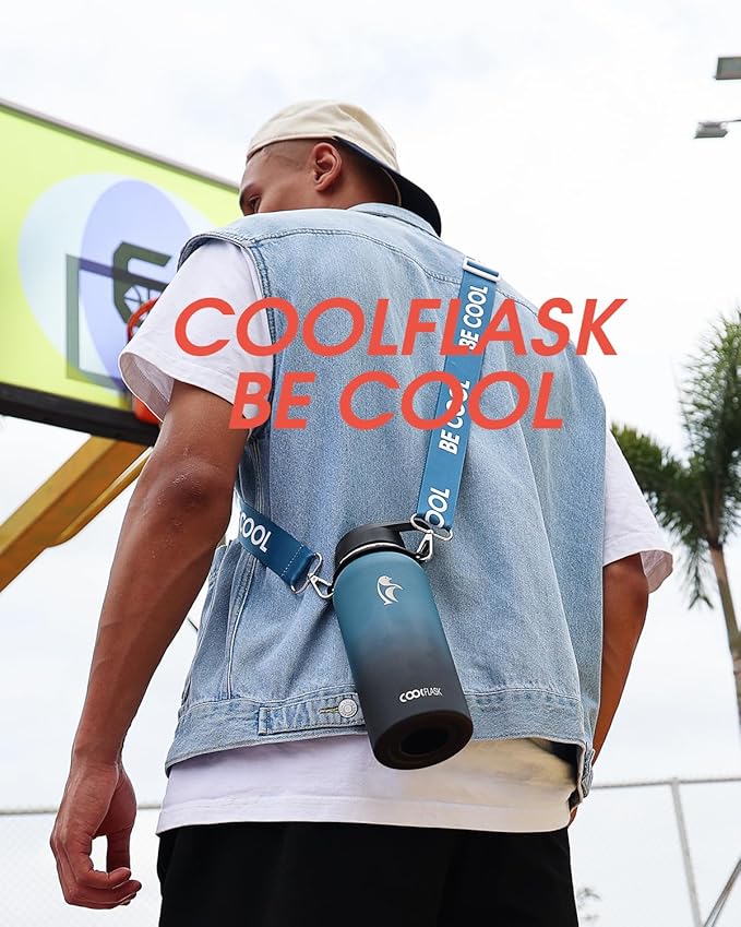 Coolflask Insulated Water Bottle with Strap, 32 oz Metal Water Flask with Straw & Spout Lids, Stainless Steel Double Wall Vacuum, Keep Cold 48h Hot 24h, Leak Proof & Non-BPA, Prussian Blue