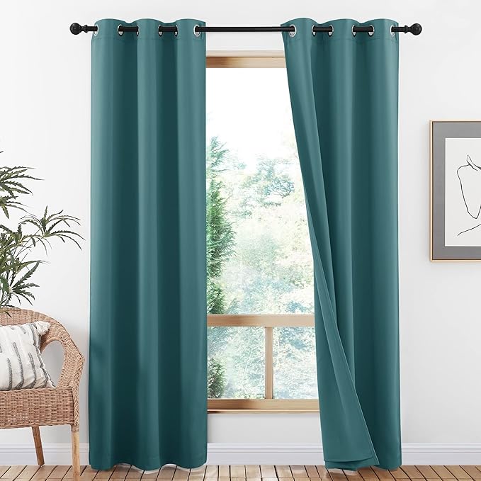 NICETOWN Complete 100% Blackout Curtain Set, Thermal Insulated & Energy Efficiency Window Draperies for Guest Room, Full Shading Panels for Shift Worker and Light Sleepers, Sea Teal, 42W x 84L, 2 Pcs