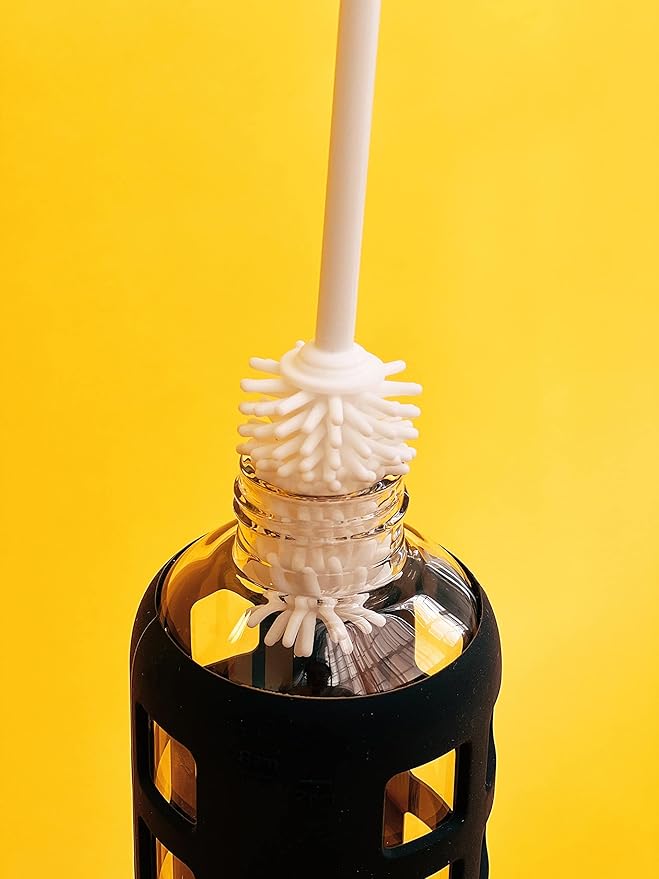 purifyou 40/32 / 22/12 oz Glass Water Bottles with Volume & Times to Drink, Extra Thick Silicone Sleeve, Reusable Bottle for Fridge Water, Milk, Juice (32oz Jet Black)