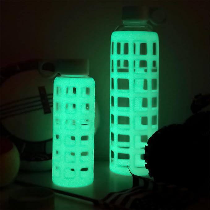 purifyou Premium 40/32 / 22/12 oz Reusable Glass Water Bottles with Time and Volume Markings, Non-Slip Silicone Sleeve & Stainless Steel Lid Insert, for Water, Milk, Juice (12oz Glow in the Dark)