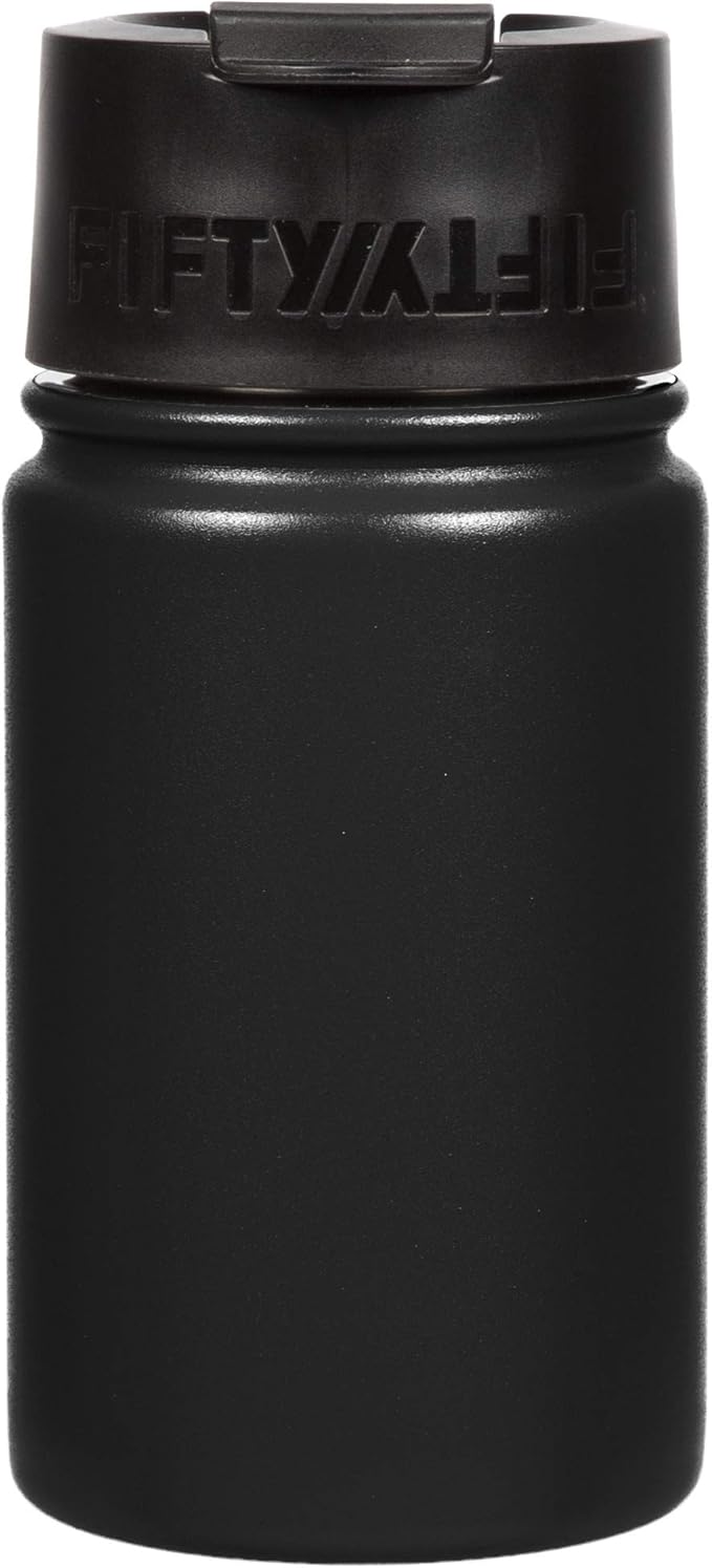 FIFTY/FIFTY 12oz, Double Wall Vacuum Insulated Café Water Bottle, Stainless Steel, Flip Cap w/ Wide Mouth, Matte Black, 12oz/354ml