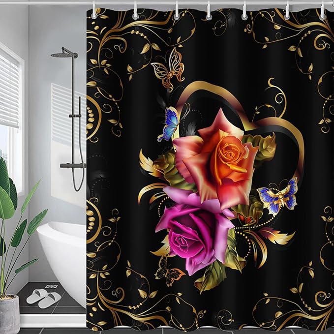 AILONEN Girls Rose Floral Shower Curtain 72" W*84" H for Bathroom, Gold Yellow Flower Butterfly Bathroom Curtain,Women Teen Girls Flower Bath Curtain Polyester Waterproof Bath Curtain with 12 Hooks